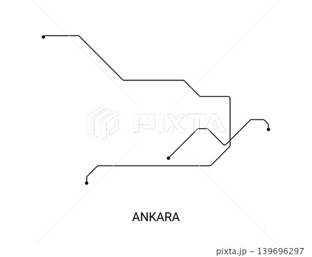 Minimal black and white vector illustration of an approximate Ankara metro map with simple transit lines and station points. 139696297