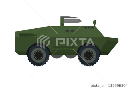 Flat vector illustration of a green wheeled armored military vehicle with rocket launcher, isolated on a white background for defense design. 139696304