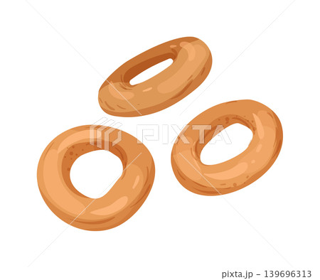 Cartoon vector illustration of bagel rings isolated on a white background for bakery food design. Cartoon vector illustration of bagel rings isolated on a white background for bakery food design. 139696313