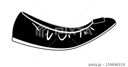 Black silhouette of ballet flat shoes with decorative bow on the toe. Vector illustration of elegant female footwear isolated on a white background. Black silhouette of ballet flat shoes with decorative bow on the toe. Vector illustration of elegant female footwear isolated on a white background. 139696319