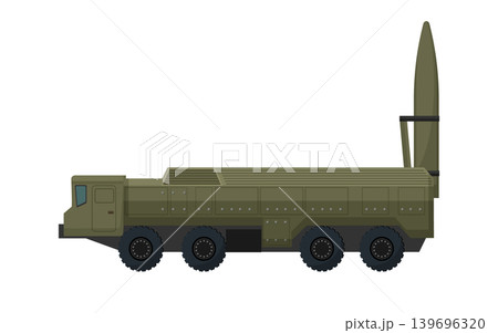 Flat vector illustration of a green mobile missile launcher vehicle with raised ballistic rocket, isolated on a white background for defense design. 139696320