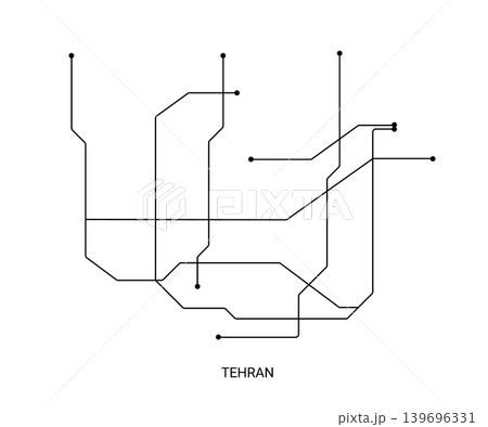 Minimal black and white vector illustration of an approximate Tehran metro map with simple lines and station markers. 139696331