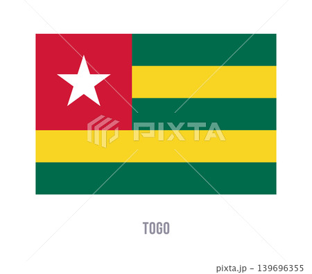Flat vector illustration of the national flag of Togo with white star and green yellow stripes isolated on a white background. Flat vector illustration of the national flag of Togo with white star and green yellow stripes isolated on a white background. 139696355
