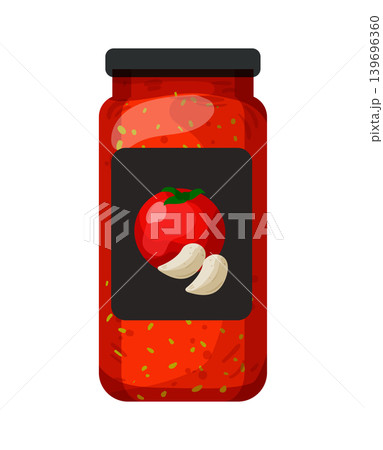 Cartoon vector illustration of tomato garlic sauce jar isolated on a white background for condiment product design. Cartoon vector illustration of tomato garlic sauce jar isolated on a white background for condiment product design. 139696360