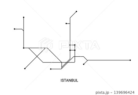 Minimal black and white vector illustration of an approximate Istanbul metro map with route lines and station points. Minimal black and white vector illustration of an approximate Istanbul metro map with route lines and station points. 139696424