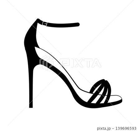 Outline vector illustration of a womens strappy high heel sandal with ankle strap and stiletto heel. Elegant summer footwear isolated on white background. 139696593