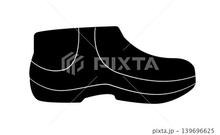Black silhouette of rubber galoshes with high back and thick sole. Minimal vector illustration of waterproof protective footwear isolated on white background. Black silhouette of rubber galoshes with high back and thick sole. Minimal vector illustration of waterproof protective footwear isolated on white background. 139696625