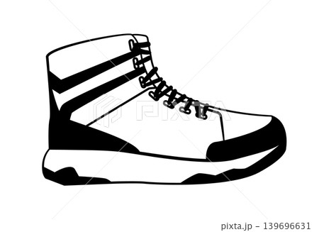 Black silhouette of a high top sport boot with laces and side stripes. Vector illustration of athletic footwear isolated on white background. Black silhouette of a high top sport boot with laces and side stripes. Vector illustration of athletic footwear isolated on white background. 139696631