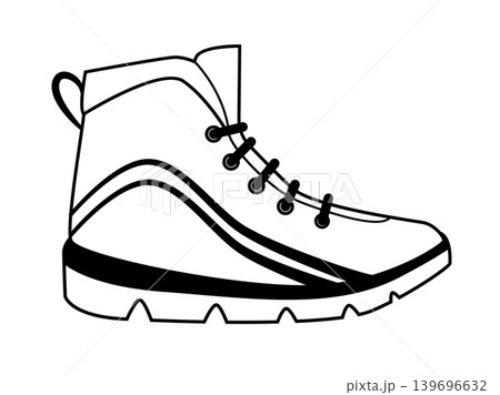 Line outline illustration of hiking ankle boots with lace up design and thick lug sole. Outdoor footwear vector illustration isolated on white background. Line outline illustration of hiking ankle boots with lace up design and thick lug sole. Outdoor footwear vector illustration isolated on white background. 139696632