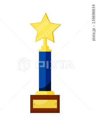 Cartoon vector illustration of a tall star trophy with blue column and wooden base, isolated on a white background. Cartoon vector illustration of a tall star trophy with blue column and wooden base, isolated on a white background. 139696634