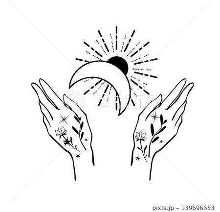 Black and white vector illustration of open hands holding a crescent moon with radiant lines. Mystical celestial design for tattoo, print, poster, or logo. 139696683