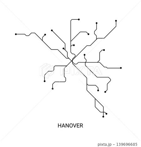 Minimal black and white vector illustration of an approximate Hanover metro map with clean transit lines and station markers. 139696685