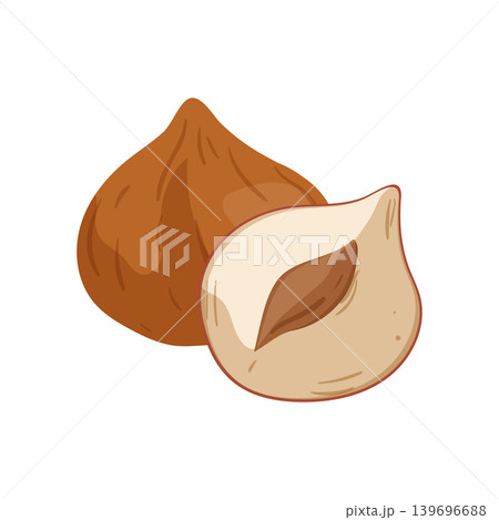 Cartoon vector illustration of whole and sliced hazelnuts isolated on a white background for nut snack design. 139696688