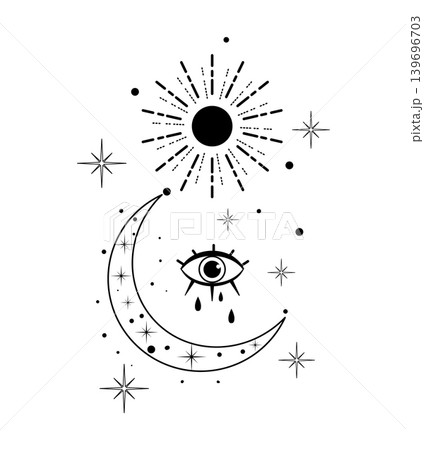 Black and white vector illustration of a crescent moon with an eye and tears beneath a radiant sun. Minimal mystical design for tattoo, poster, or spiritual print. 139696703