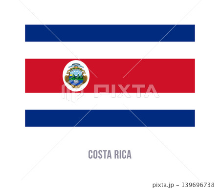 Flat vector illustration of the national flag of Costa Rica with coat of arms and horizontal stripes isolated on a white background. 139696738