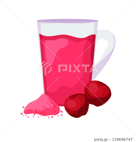 Cartoon vector illustration of cranberry kissel in a glass isolated on a white background for berry dessert drink design. Cartoon vector illustration of cranberry kissel in a glass isolated on a white background for berry dessert drink design. 139696747