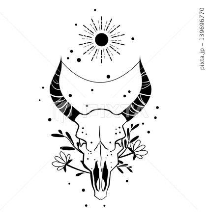 Black and white vector illustration of a bull skull with crescent moon and flowers. Minimal mystical boho design for tattoo, poster, print, or spiritual decor. Black and white vector illustration of a bull skull with crescent moon and flowers. Minimal mystical boho design for tattoo, poster, print, or spiritual decor. 139696770