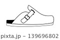 Line outline illustration of clog mules with buckle strap and closed toe. Vector illustration of casual comfort footwear isolated on a white background. Line outline illustration of clog mules with buckle strap and closed toe. Vector illustration of casual comfort footwear isolated on a white background. 139696802