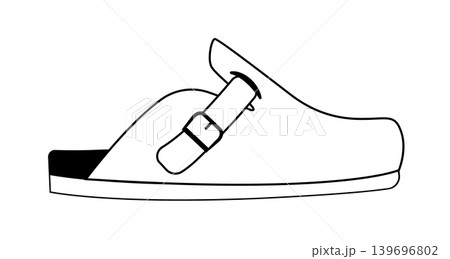 Line outline illustration of clog mules with buckle strap and closed toe. Vector illustration of casual comfort footwear isolated on a white background. Line outline illustration of clog mules with buckle strap and closed toe. Vector illustration of casual comfort footwear isolated on a white background. 139696802