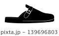 Black silhouette of a clog with adjustable strap and buckle. Minimal vector illustration of casual slip on footwear isolated on white background. 139696803