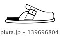 Line outline illustration of comfort sandal with buckle strap and closed toe. Vector illustration of ergonomic casual footwear isolated on a white background. 139696804