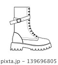 Line outline illustration of combat boots with platform sole, lace up closure and buckle strap. Fashion footwear vector illustration isolated on white background. Line outline illustration of combat boots with platform sole, lace up closure and buckle strap. Fashion footwear vector illustration isolated on white background. 139696805