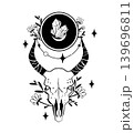 Black and white vector illustration of a bull skull with crystals, flowers, moon, and stars. Mystical boho design for tattoo, poster, print, or emblem. Black and white vector illustration of a bull skull with crystals, flowers, moon, and stars. Mystical boho design for tattoo, poster, print, or emblem. 139696811