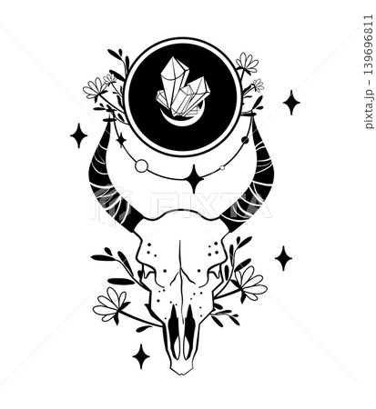 Black and white vector illustration of a bull skull with crystals, flowers, moon, and stars. Mystical boho design for tattoo, poster, print, or emblem. 139696811