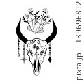 Black and white vector illustration of a bull skull with crystals, flowers, and hanging ornaments. Mystical boho design for tattoo, print, poster, or emblem. Black and white vector illustration of a bull skull with crystals, flowers, and hanging ornaments. Mystical boho design for tattoo, print, poster, or emblem. 139696812