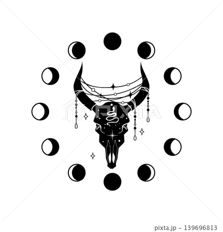 Black and white vector illustration of a bull skull with snake, moon phases, and hanging ornaments. Mystical celestial design for tattoo, print, or poster. 139696813