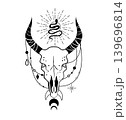 Black and white vector illustration of a bull skull with a small snake, ornaments, and moon phases. Mystical boho design for tattoo, print, poster, or logo. Black and white vector illustration of a bull skull with a small snake, ornaments, and moon phases. Mystical boho design for tattoo, print, poster, or logo. 139696814