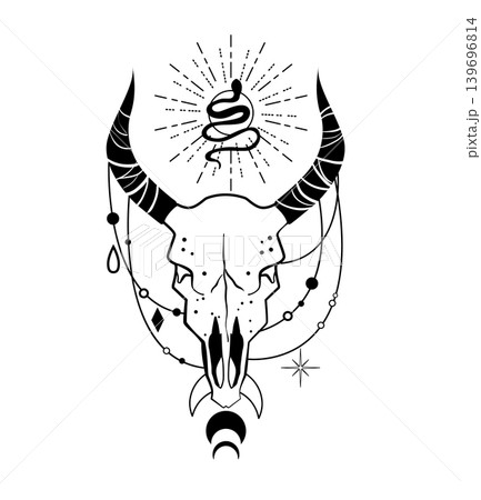 Black and white vector illustration of a bull skull with a small snake, ornaments, and moon phases. Mystical boho design for tattoo, print, poster, or logo. 139696814
