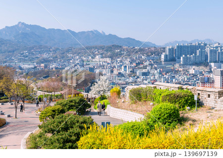 Top view of Seoul city wall of Naksan Park in spring, Korea 139697139