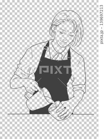 Line drawing of a female barista in a black apron; black apron, latte art 139697213