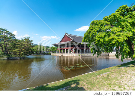 Seoul, South Korea - May. 14, 2026 : Beautiful view of Gyeonghoeru Pavilion in Gyeongbokgung Palace with pond reflection in early summer, Seoul, South Korea 139697267