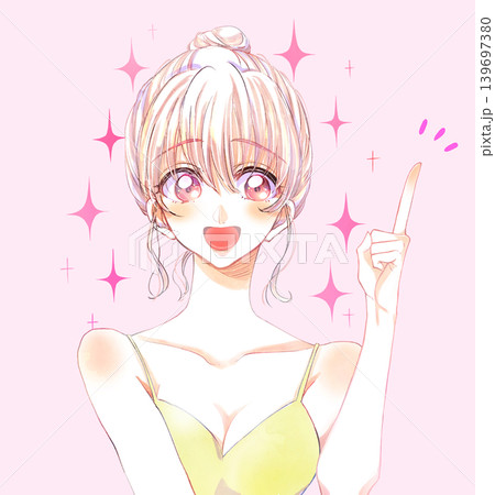 人差し指をさす美容イメージの女性 話す キラキラ 人差し指をさす美容イメージの女性 話す キラキラ 139697380