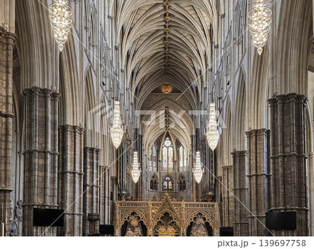 Gothic Westminster Abby Interior With Soaring Vaulted Ceiling, Arched Nave, Chandeliers and Ornate Altar Screen Gothic Westminster Abby Interior With Soaring Vaulted Ceiling, Arched Nave, Chandeliers and Ornate Altar Screen 139697758