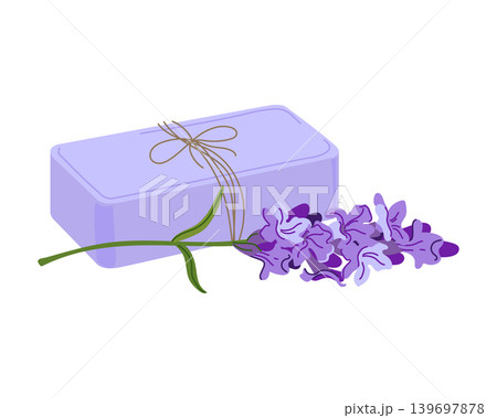 A piece of lavender soap for baths, showers and spa. A rectangular soap for body and hands with lavender flowers. Vector flat cartoon illustration isolated on white background. Handmade from Provence. A piece of lavender soap for baths, showers and spa. A rectangular soap for body and hands with lavender flowers. Vector flat cartoon illustration isolated on white background. Handmade from Provence. 139697878