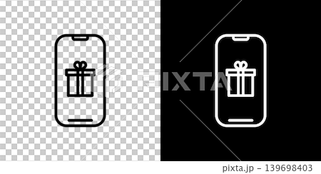 A LINE icon on a smartphone screen displaying a gift. Monochrome vector illustration set. A LINE icon on a smartphone screen displaying a gift. Monochrome vector illustration set. 139698403