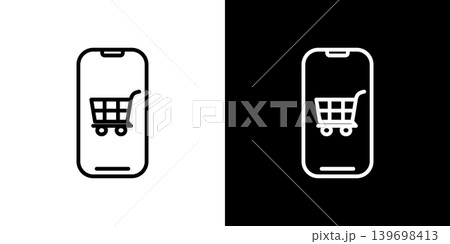 ショッピングカートが表示されたスマホ画面のラインアイコン。モノクロベクターイラストセット ショッピングカートが表示されたスマホ画面のラインアイコン。モノクロベクターイラストセット 139698413