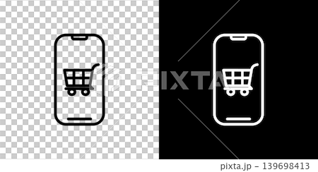 ショッピングカートが表示されたスマホ画面のラインアイコン。モノクロベクターイラストセット ショッピングカートが表示されたスマホ画面のラインアイコン。モノクロベクターイラストセット 139698413