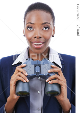 Businesswoman, face and happy with binocular in studio for opportunity, announcement or search. Entrepreneur, african person and surprised by good news on mock up space with white background Businesswoman, face and happy with binocular in studio for opportunity, announcement or search. Entrepreneur, african person and surprised by good news on mock up space with white background 139698664