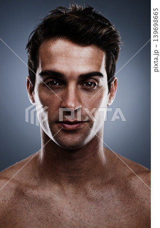 Portrait, skincare and man with cosmetics, wellness and grooming on grey studio background. Person, guy and model with routine or treatment with luxury and shine with beauty, glowing or dermatology Portrait, skincare and man with cosmetics, wellness and grooming on grey studio background. Person, guy and model with routine or treatment with luxury and shine with beauty, glowing or dermatology 139698665