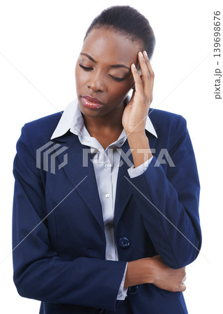 Business, woman and headache in studio with burnout, stress or mental health for career overwork. Entrepreneur, african person and migraine from corporate fatigue, tired or strain on white background Business, woman and headache in studio with burnout, stress or mental health for career overwork. Entrepreneur, african person and migraine from corporate fatigue, tired or strain on white background 139698676