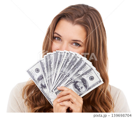 Portrait, dollars and studio woman with money, credit or bills for financial freedom, savings budget or salary income. Finance success, competition prize and face of cash winner on white background 139698704