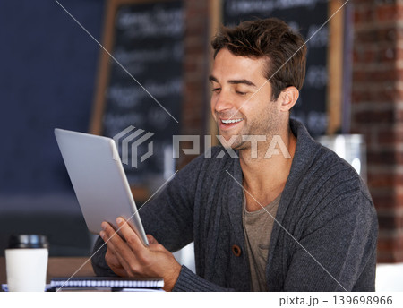 Tablet, smile and young man in coffee shop doing research for creative freelance project. Happy, digital technology and male designer freelancer reading information on website for career in cafe. Tablet, smile and young man in coffee shop doing research for creative freelance project. Happy, digital technology and male designer freelancer reading information on website for career in cafe. 139698966