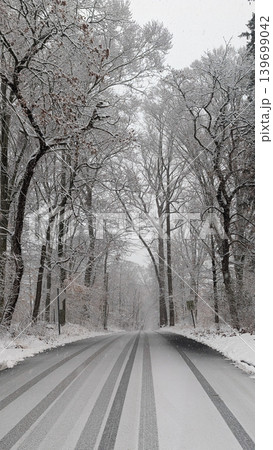 Empty asphalt road covered in snow with tire tracks through winter forest. Empty asphalt road covered in snow with tire tracks through winter forest. 139699042