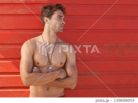 Man. lifeguard and confidence at beach thinking for security, bay watch or surveillance on mockup space. Male person, athlete or professional swimmer standing guard ready for emergency assistance Man. lifeguard and confidence at beach thinking for security, bay watch or surveillance on mockup space. Male person, athlete or professional swimmer standing guard ready for emergency assistance 139699054