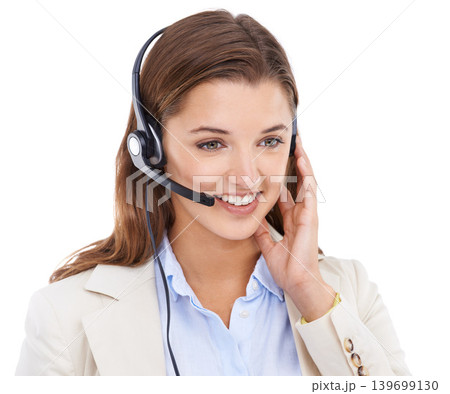 Customer service, headset or face of happy woman on business communication, telemarketing or help desk advisory. Tech support studio, microphone or professional consultant talking on white background 139699130