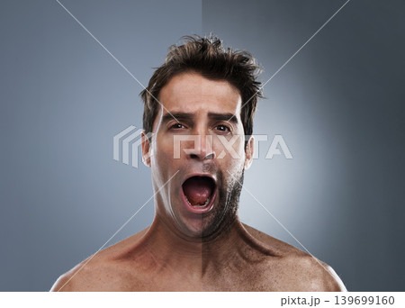 Man, shave and face or beard comparison for hair removal or improvement in studio for wellness, half or grey background. person, portrait and surprise for cleaning, transformation and shocked Man, shave and face or beard comparison for hair removal or improvement in studio for wellness, half or grey background. person, portrait and surprise for cleaning, transformation and shocked 139699160